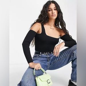 ASOS Miss Selfridge knit asym long sleeve bodysuit in black